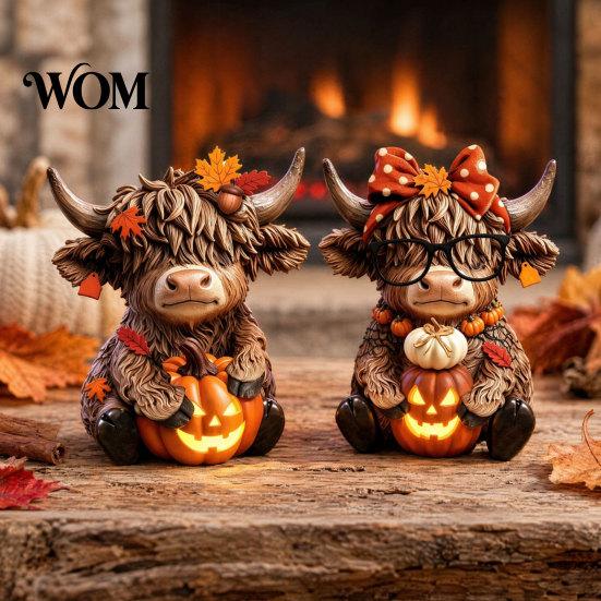 Wooden Base Ornament 2PCS Highland Cow Ornament, Rustic Style Figurine, Thanksgiving Home Accent Theme Wood Art, for Entrance Living Room Decor Animal