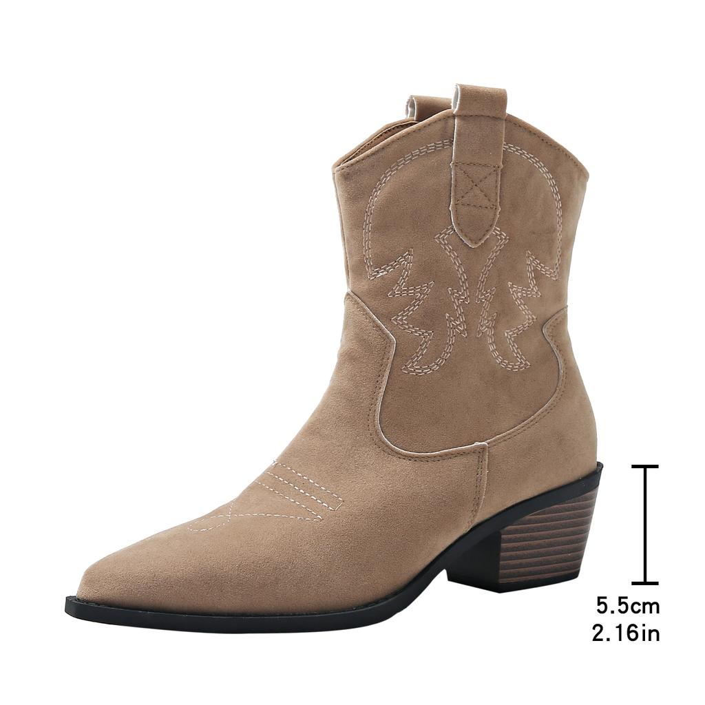 Fashion Women's Embroidered Western Cowboy Boots Autumn Pointed Thick Heel Fashion Women's Shoes Low Heel Loose Leather Short Boots