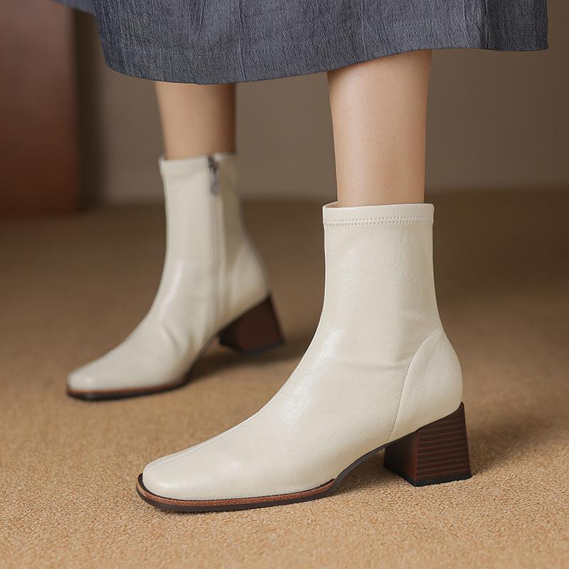 Krazing Pot Microfiber Autumn Winter Shoes Thick High Heels Chelsea Boots Square Toe Keep Warm Zipper Ankle Boots