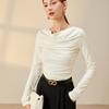 Women's Spring and Autumn Design Sense Draw Pleated One-line Collar Wool Acetate Bottoming Shirt Lycra Swing Collar Thin Bottoming T-shirt