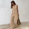 Women Linen Cotton Vest Pants Suit Two-Piece Set Office Ladies Summer Solid Color 2 Piece Sets Women Pure Cotton Outfits