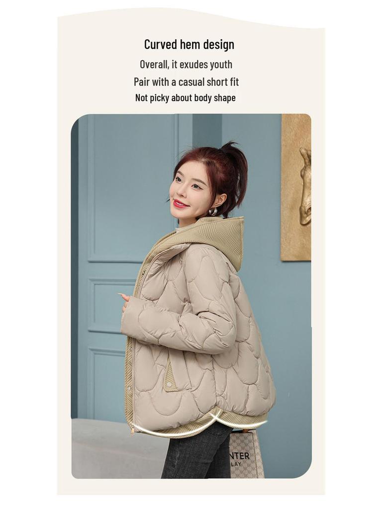 Женская зимняя пуховая хлопковая куртка: Имитация двухслойного стиля, Маленький, Короткий, Свободный крой, В корейском стиле, Дизайн пальто-булочки