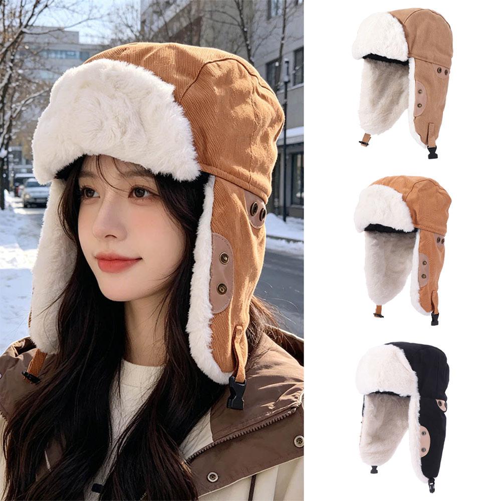 Solid Color Ear Protective Hat Windproof Women Plush Hat Retro Winter Pilot Hat Student