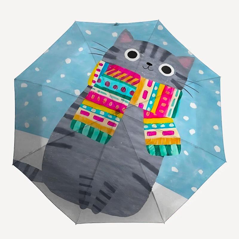 1pc Winter Cat Automatic Open/Close Umbrella with One-Touch Button, Compact Folding Canopy, Sturdy 8-Rib Windproof Design S28