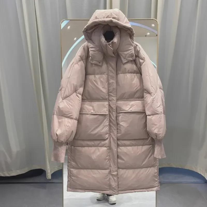 Женское хлопковое пальто длиной до колена из толстого белого утиного пуха с капюшоном 2024 года - зимняя мода в корейском стиле