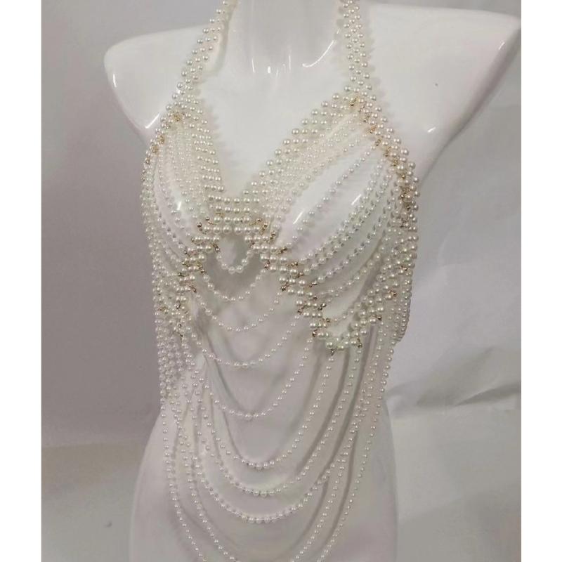 Женское многослойное жемчужное ожерелье-чокер с цепочкой для тела, регулируемое сексуальное бикини, бижутерия для тела, нагрудник для выпускного бала