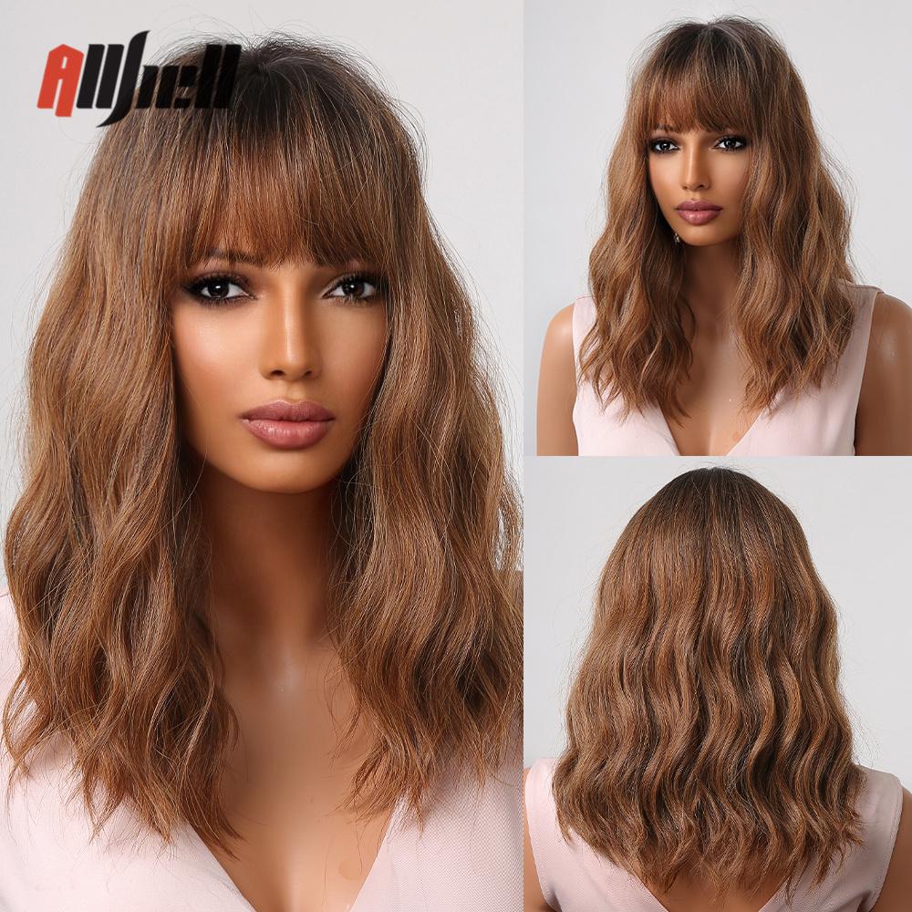 Synthetic Bob Hair Wig with Bangs Ombre Platinum Blonde Cosplay Wigs for Women Short Heat Resistant Female Daily Lolita Wavy Wig