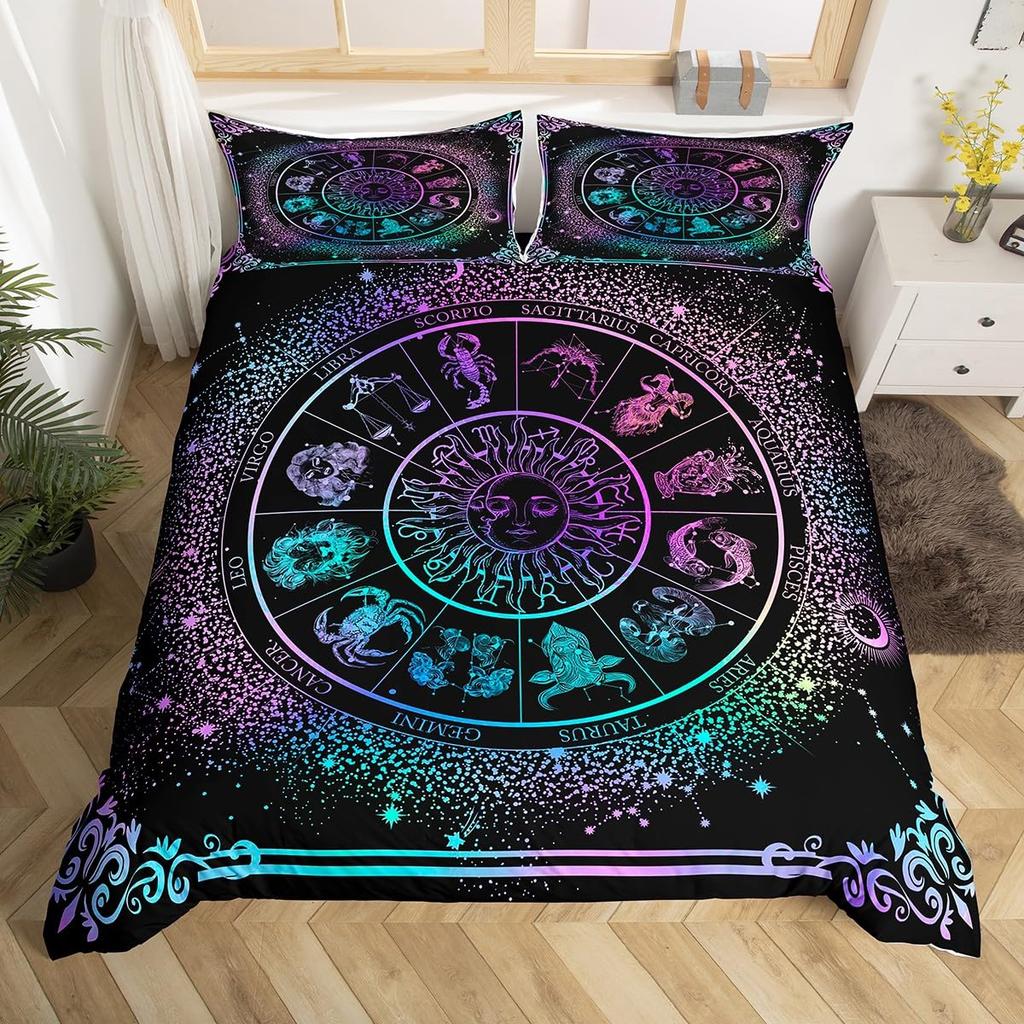 Sun and Moon Duvet Cover Twin Stars Galaxy Constellation Bedding Set Pink Pastel Tie Dye Comforter Cover For Kids Girls Women,Cute Aesthetic