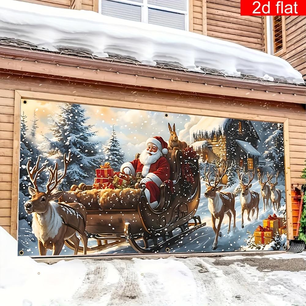 2D flat banner, 1pc Christmas garage door banner, polyester, Santa Claus riding a sleigh pattern party banner