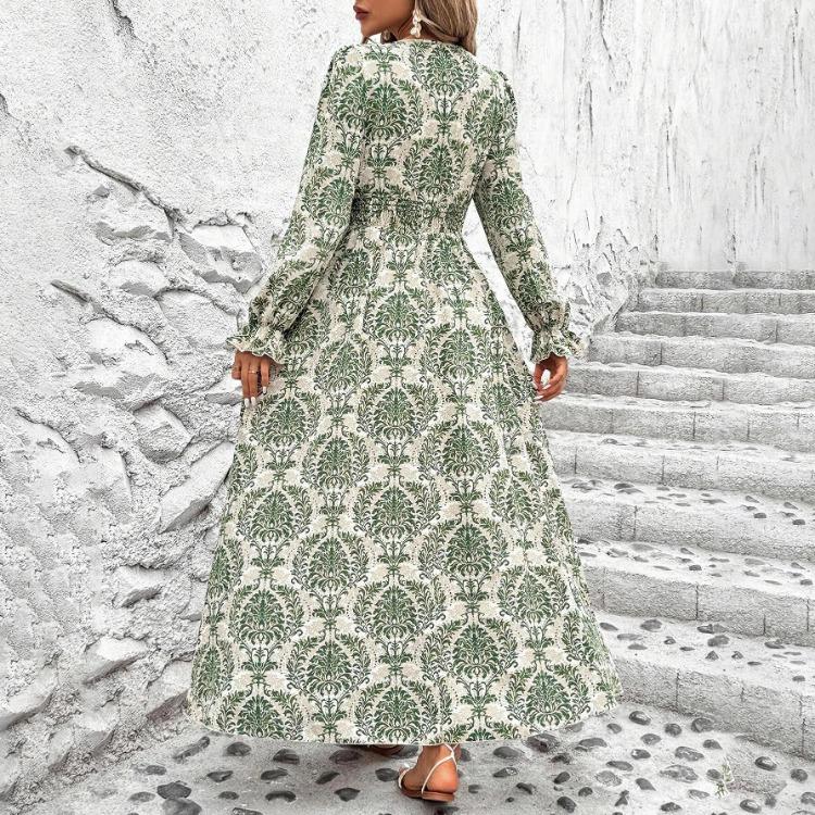Women Floral Print V-neck Long Sleeve A-Line Dress Spring Summer Casual Elastic High Waist Ankle-Length Dresses