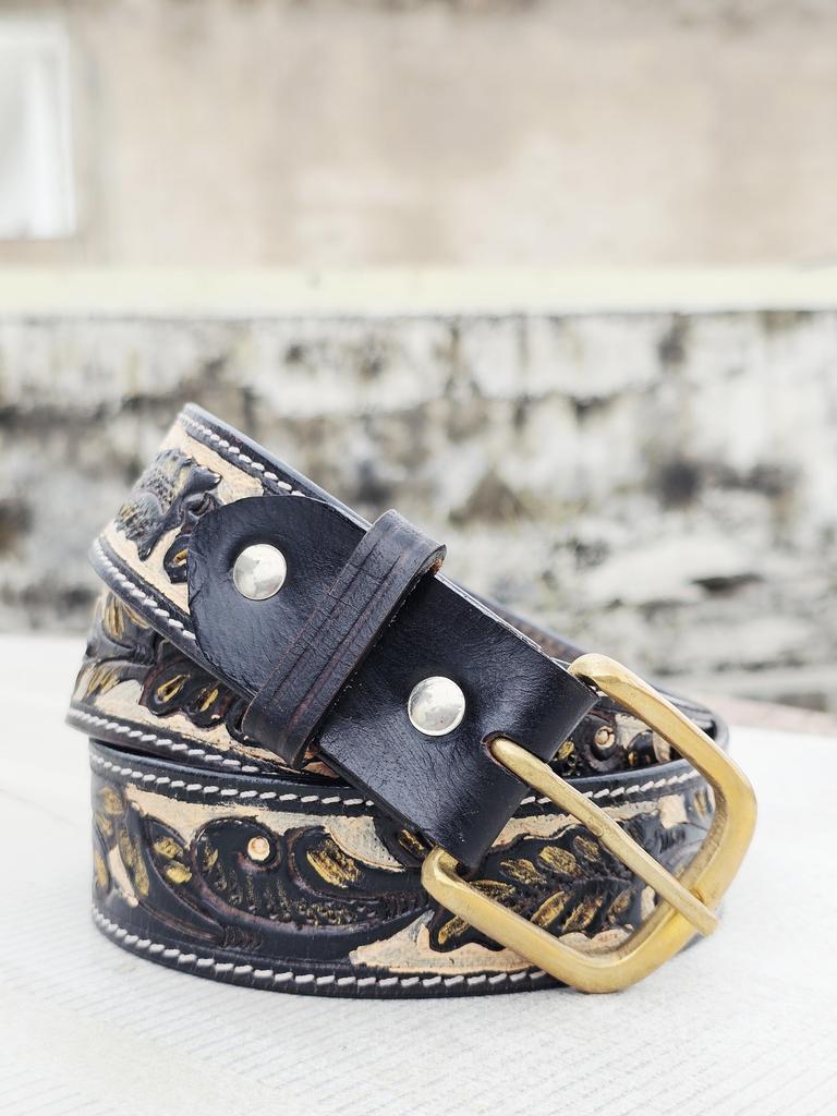 Hand Tooled Black Leather Cowboy Belt – Floral Carved Western Rodeo Belt – Full Grain Handmade Ranch Men’s Outfit