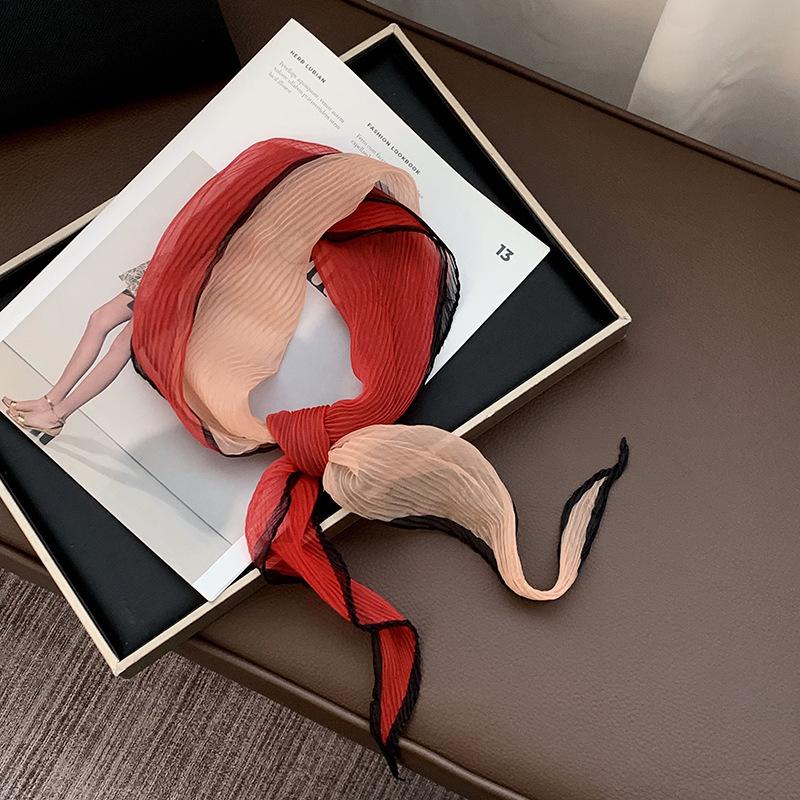 Folded Silk Scarf Women's Spring and Summer New Thin Scarf Small Scarf Versatile Fashion Commuter Color Matching Small Shawl Tied Bag Streamer