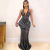 Lady Evening Dress Deep V Neck Halter Neck Striped Shimmering Rhinestone Decor