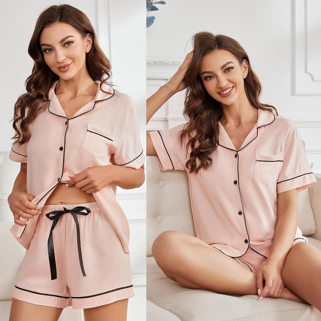 Women’s Sleeping Suits Rayon Short Sleeves Pajamas Button Up Piped Shirt and Shorts 2 Pieces Set Summer Home Night Sleep Casual Lounge Wear