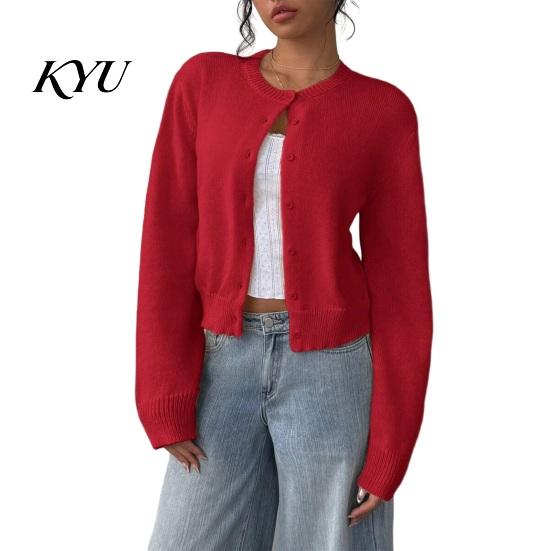Casual Knitwear Women Round Neck Knit Sweater, Solid Color Button-Up Cardigan for Waist Length Pullover Fall Winter, Long Sleeve Short Top Sweater