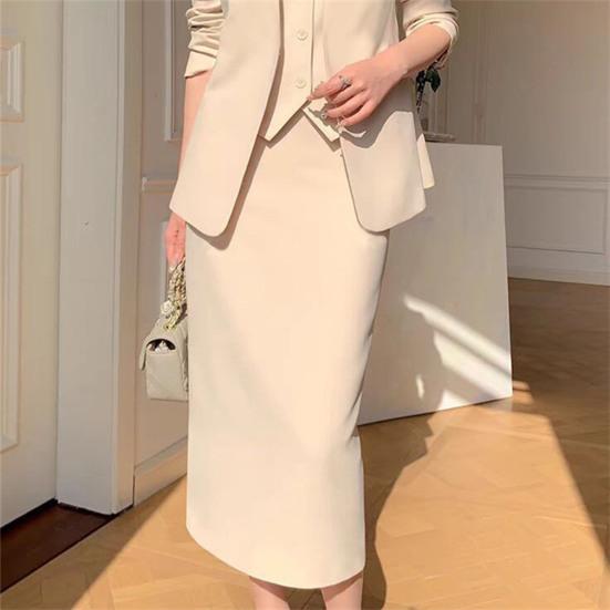2 Pcs/Set Women Suit Coat Skirt Set Formal Business Style Long Sleeves Open Sticth Coat High Waist Slim Fit A-line Midi Skirt Outfit