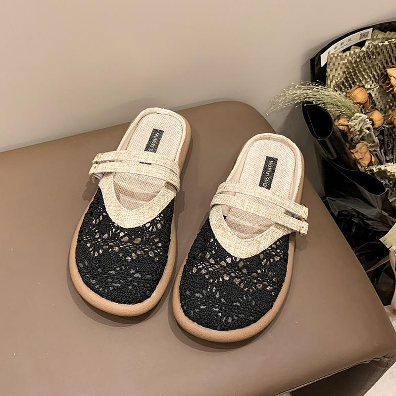Сетчатое льняное кружево повседневные нескользящие дышащие большого размера этнический стиль льняные кружевные повседневные шлепанцы на плоской подошве женские
