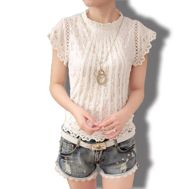 2025 Весна Лето Модные кружевные женские блузки Элегантные однотонные новые кружевные рубашки с рукавами-лепестками О-образным вырезом Повседневная простая рубашка Приталенные топы Одежда
