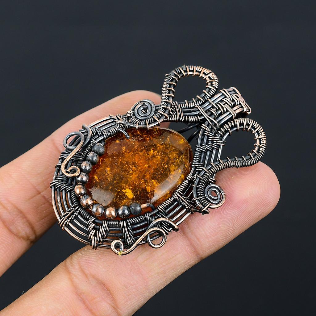 Балтийский янтарь Ручная работа Медная проволока Оплетка Подвеска 2.36" s2I83