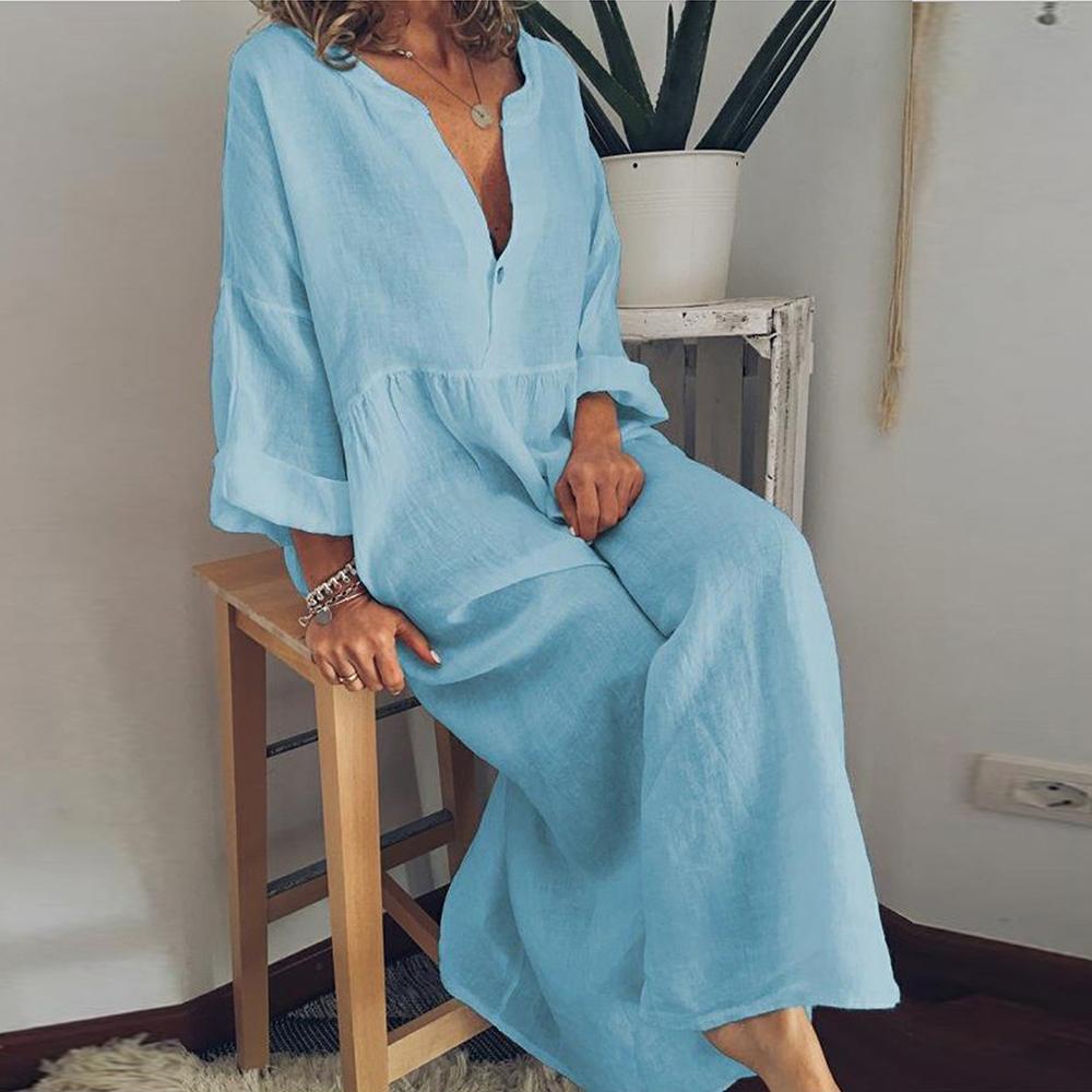 Women Cotton Linen Maxi Long Dress Holiday Casual Loose Kaftan Sundress Plus Size