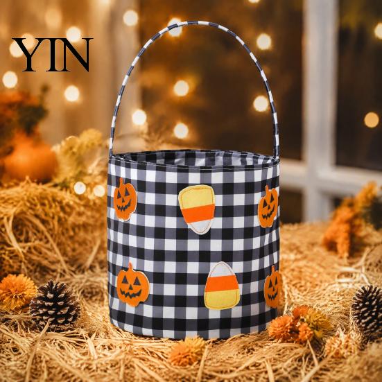 Kids Party Gift Holders Halloween Bucket, Trick or Treat Basket for Boys Girls, Plaid Pumpkin Bags Bat Ghost Candy Tote Bag with Handle Favors
