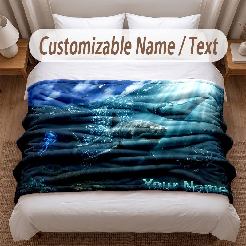 Fish Ocean Theme Soft Blanket Personalized Custom Name Text Print Warm Blanket Home Sofa Bedroom Decor