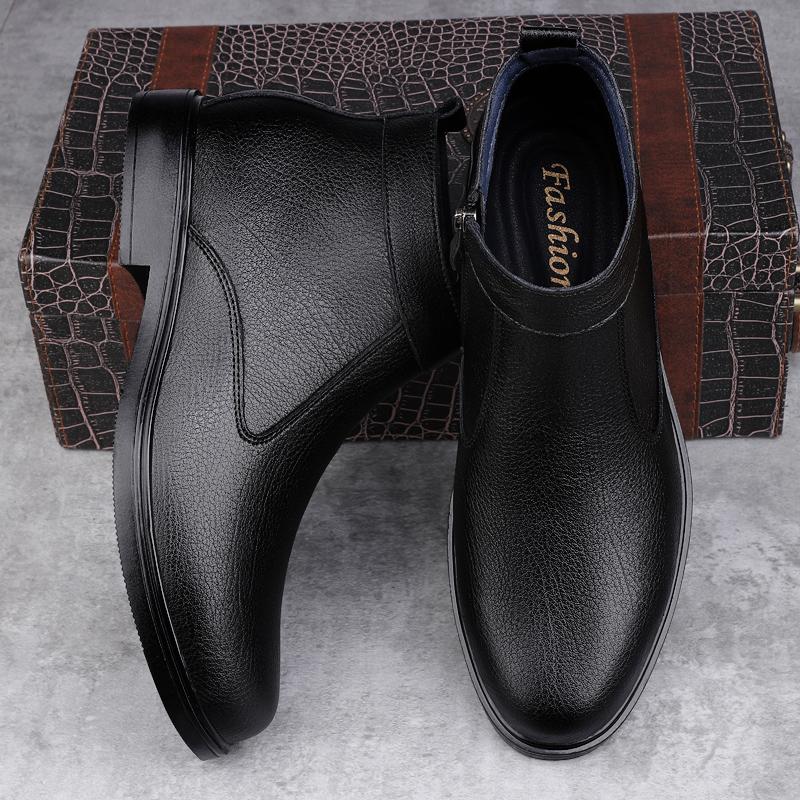 Осень Зима Новые Кожаные Ботинки с Высоким Голенищем Мужские Кожаные Челси на Молнии Модные Мужские Ботильоны Универсальные Деловые Повседневные Боты