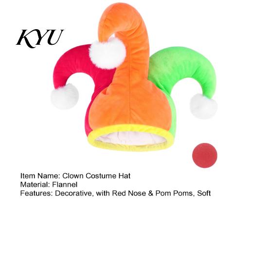 One Size Fits Most Clown Gear Flannel Hat with Red Nose for Halloween & Costume Party, Plush Versatile Novelty Event Gift Three Color Blocked Headwear
