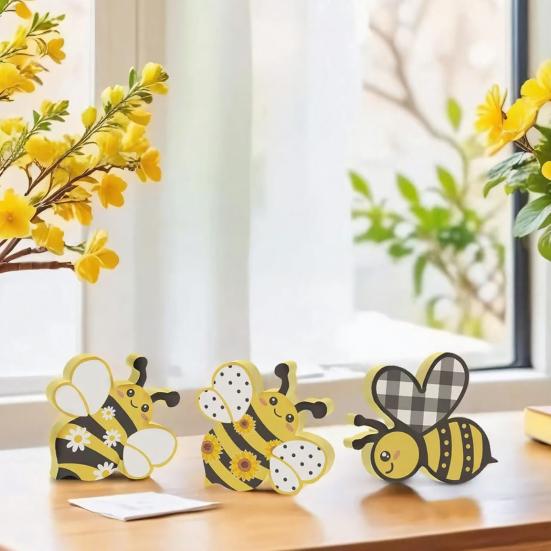 3 Pcs Wooden Bee Table Sign Spring Honey Bee Tabletop Block Sign Farmhouse Bee Centerpiece for Tiered Tray Home Mantel Shelf Desk Decor