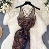 Sequins Erotic Camisole One Piece Dress Women Off Shoulder Short Split Skinny Party Dresses Female Fashion Cross Backless Club Sexy Dress 2024