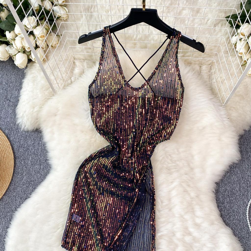 Sequins Erotic Camisole One Piece Dress Women Off Shoulder Short Split Skinny Party Dresses Female Fashion Cross Backless Club Sexy Dress 2024