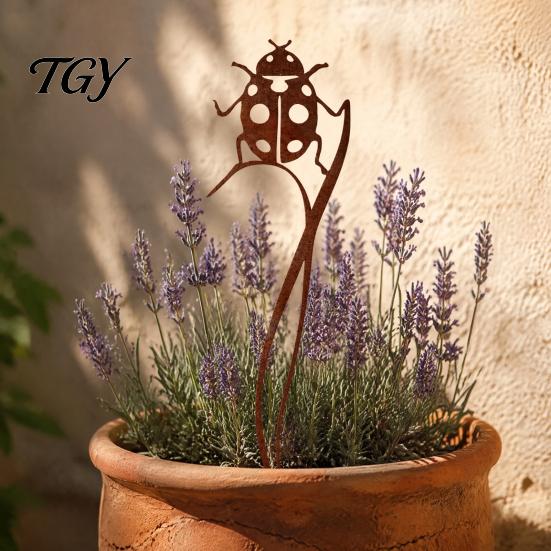 Metal Garden Stakes Rusty Silhouette Stake, Rustic Flower Pot Insert for Patio, Vintage Natural Atmosphere Decor Bird Bee Butterfly And Ladybug Design