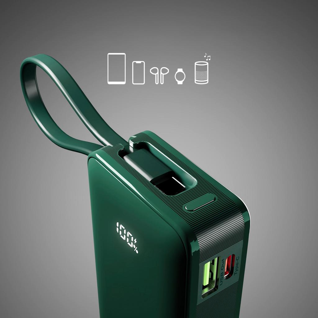 Powerbank 10000mAh USB-A USB-C z wyświetlaczem wbudowanym kablem USB-C 20W - zielony