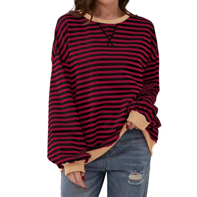 Simple Home Leisure New, Striped Pattern Round Neck Trend Long Sleeve, Pullover Color T-shirt