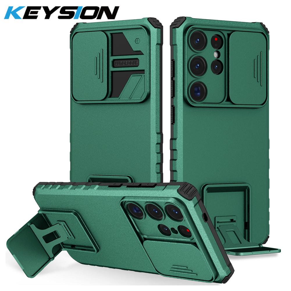 KEYSION Shockproof Case for Samsung S25 Ultra 5G S25+ Plus Slide Camera Lens Protection Live Stand Phone Cover for Galaxy S24 FE 5G
