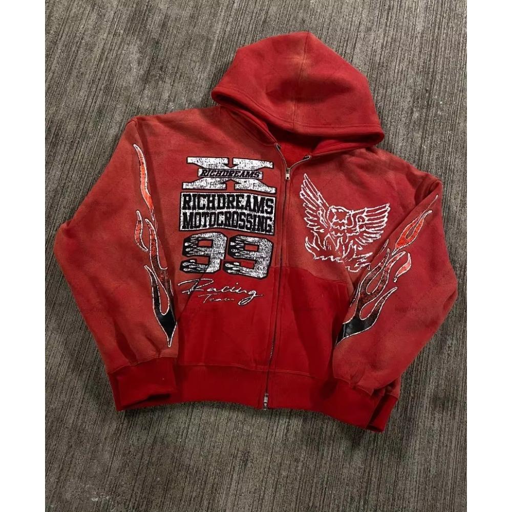 Европейская и американская мода повседневная свободная толстовка с капюшоном для мужчин Y2k ретро аниме принт куртка готическая толстовка на молнии в стиле Харадзюку