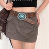 Brown Embossed Waist Belt Oval Turquoise Buckle Dress Waistband  Niche Accessories