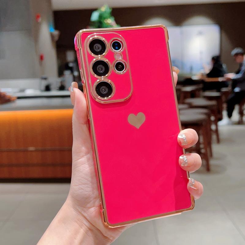 Solid Color Love Heart Print Slim Case For Samsung Galaxy S25 Ultra S24 FE S23 S22 S21 A16 A55 A15 A35 A25 A14 Plating TPU Soft Shockproof Phone Cover