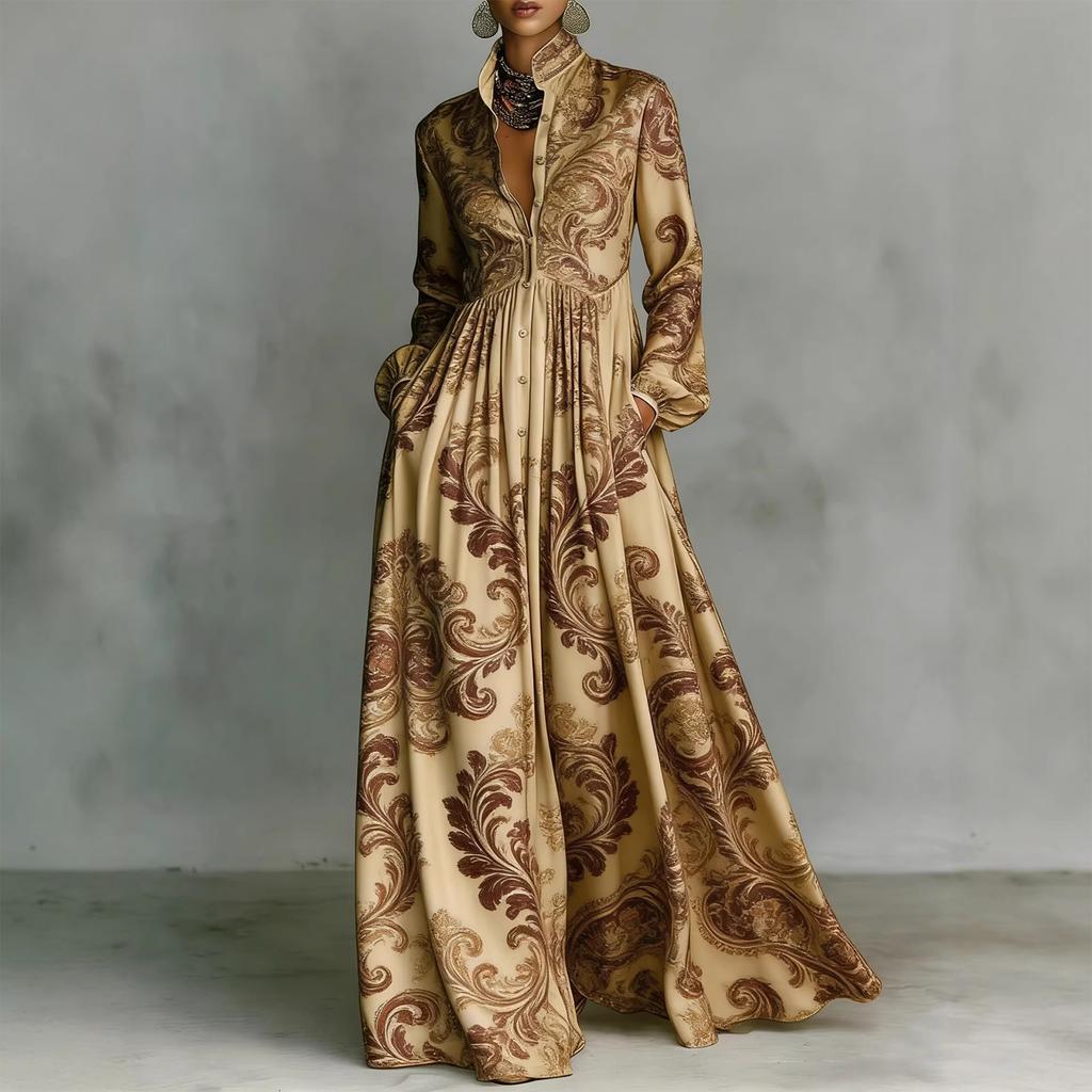 Women's Fashionable Stand Up Collar Long Sleeved Floral Print Waist Slimming Retro Casual Vacation Dress