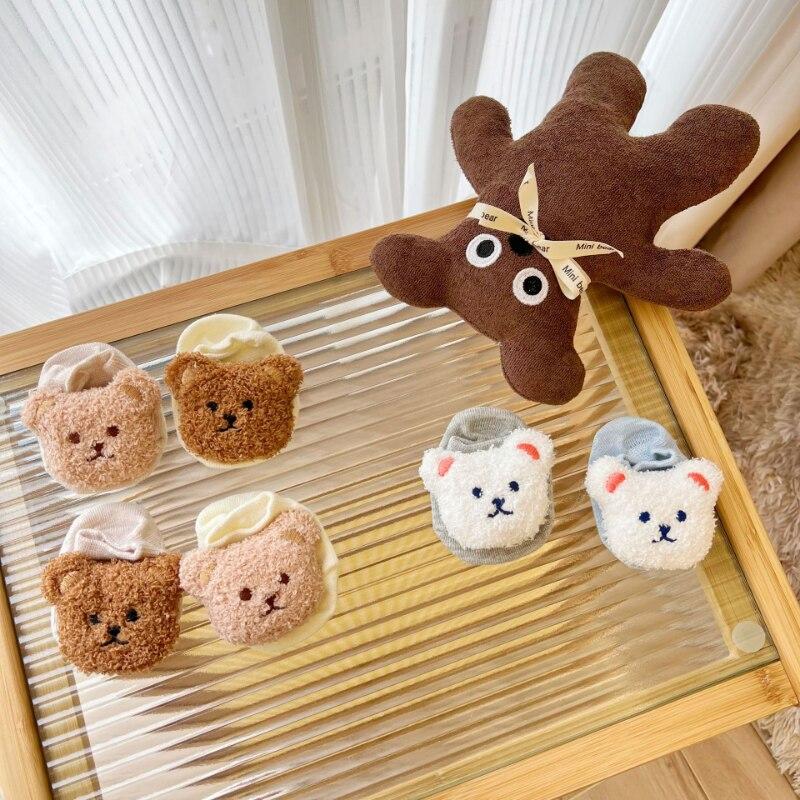1 Pair Infant Baby Sock Cute Cartoon 3D Bear Short Sock for Toddler Baby Boy Girl Spring Summer Non-slip Floor Sock for Kids