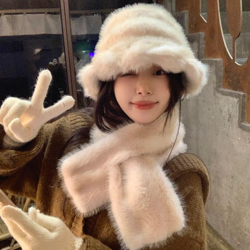 Женская зимняя плюшевая шапка и манишка из двух частей, пушистый искусственный мех норки, универсальный, утолщенный, морозостойкий, теплый