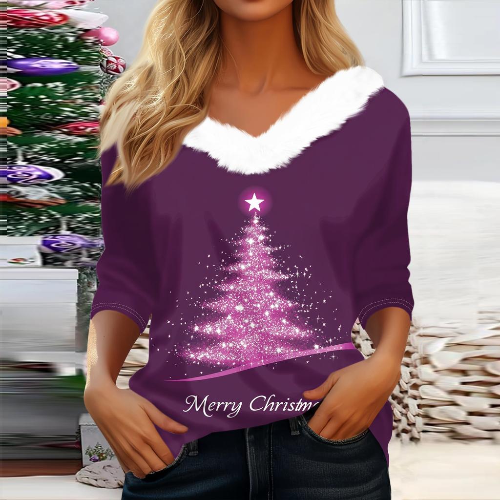 3/4 Sleeve Shirts For Women Christmas Printed Graphic Tees Blouses Casual Plus Size Basic Button Tops Pullover