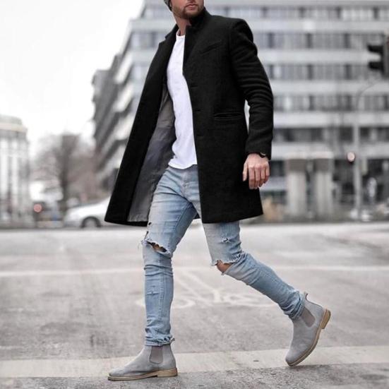 Men Woolen Coat Lapel Long Sleeve Mid-length Overcoat Solid Color Single Breasted Long Outwear with Side Pockets