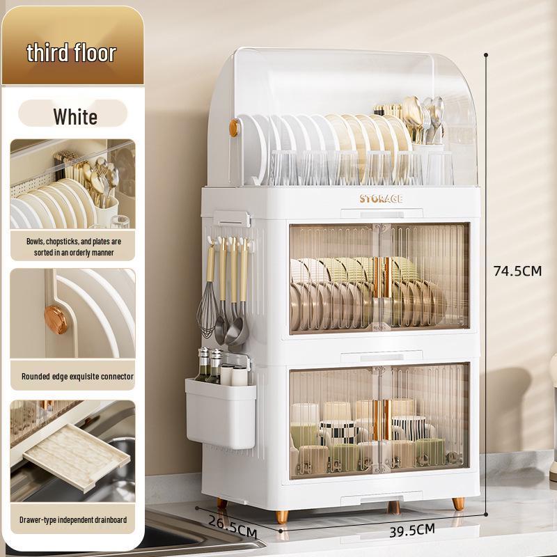 Foldable Multi-Layer Plastic Storage Cabinet with Lid - Organize Bowls, Plates, Baby Bottles, and Cups Dust-Free