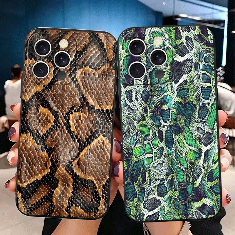 Модный мягкий чехол для телефона с узором под змеиную кожу для iPhone 16 16E 17 Air 15 Pro Max 14 Plus 13 Mini 11 12 7 Черная задняя крышка