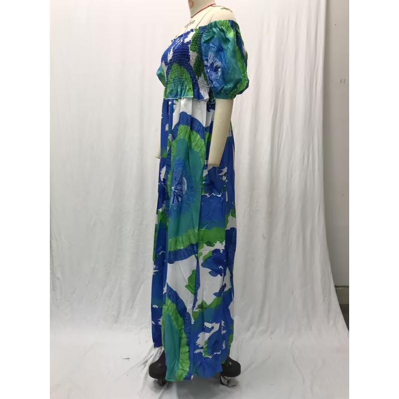 Женские летние свободные длинные платья с объемными рукавами и цифровым принтом