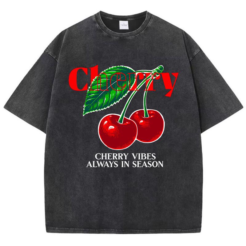 Повседневные женские футболки с кислотной стиркой, принты Cherry Vibes Always In Season, футболки с эффектом потертости, оверсайз, из хлопка, с коротким рукавом
