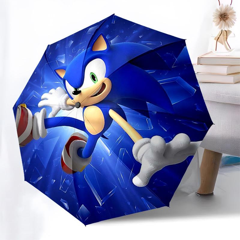 1pc Sonic the Hedgehog Automatic Opening Folding Umbrella - Portable 3-Fold Design with 8-Bone Iron Frame - Outdoor for Fans, Travelers, Daily Use, an