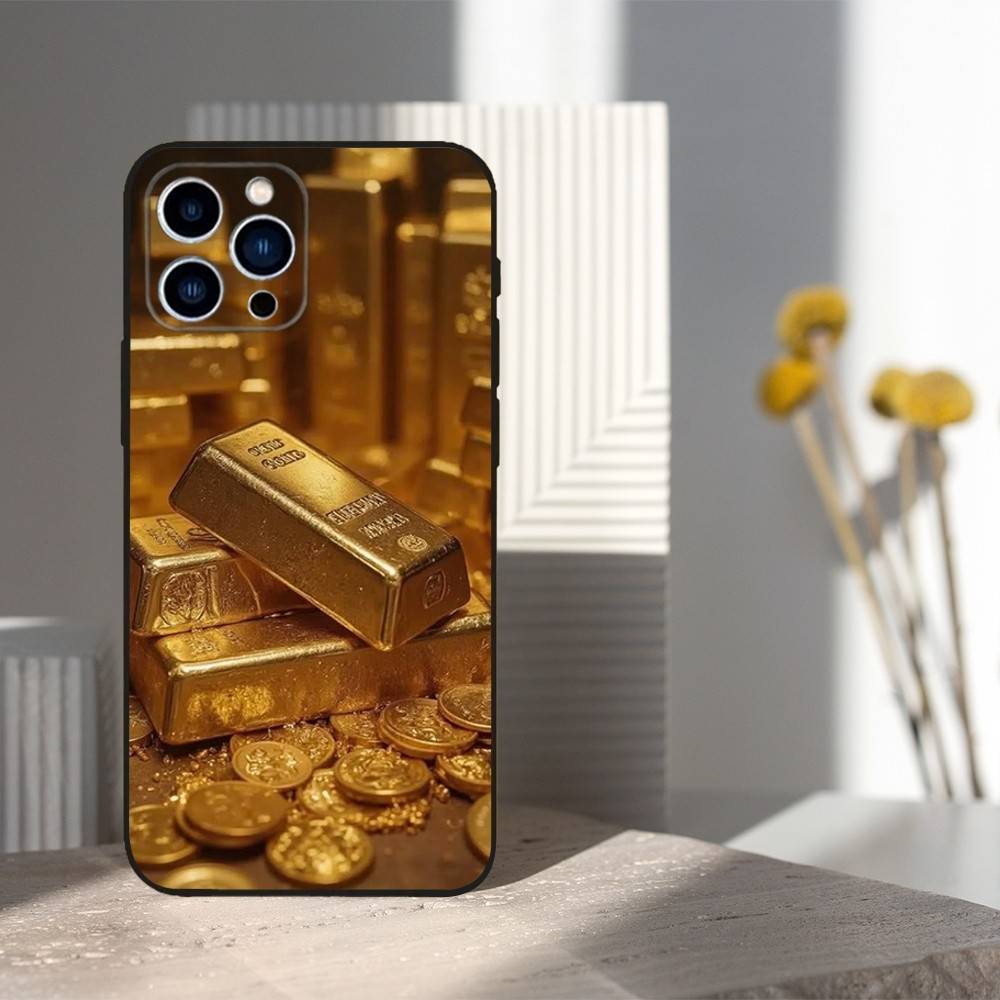 Cool Art Gold Precious Phone Case For iPhone 15,14,13,17,16,12,11,Plus,Pro Max,XS,X,Mini,8,7,XR,SE,Soft Silicone Black