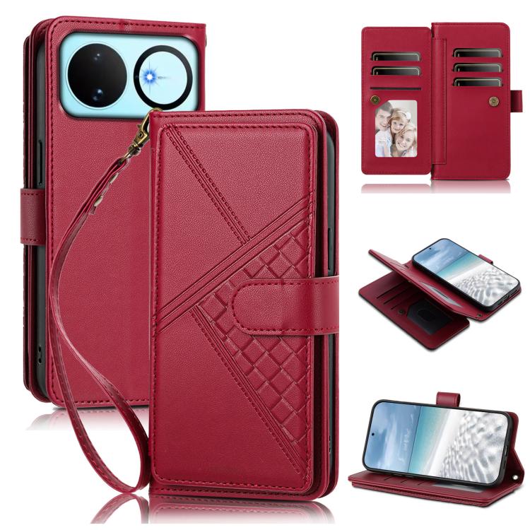 Embossed Secure Clasp 9-Card Slot Vegan Leather Phone Case with Wrist Strap